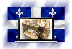 ordinateur avec billets CAD et drapeau Québec